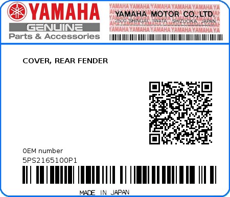 Product image: Yamaha - 5PS2165100P1 - COVER, REAR FENDER  0