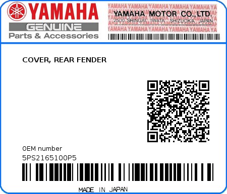 Product image: Yamaha - 5PS2165100P5 - COVER, REAR FENDER  0