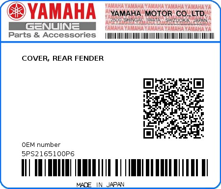 Product image: Yamaha - 5PS2165100P6 - COVER, REAR FENDER  0