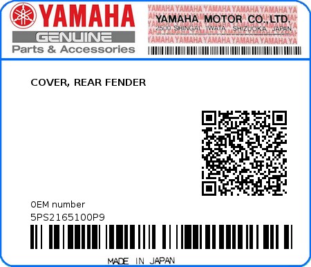 Product image: Yamaha - 5PS2165100P9 - COVER, REAR FENDER  0