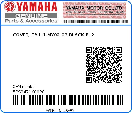 Product image: Yamaha - 5PS2471K00P6 - COVER, TAIL 1 MY02-03 BLACK BL2  0