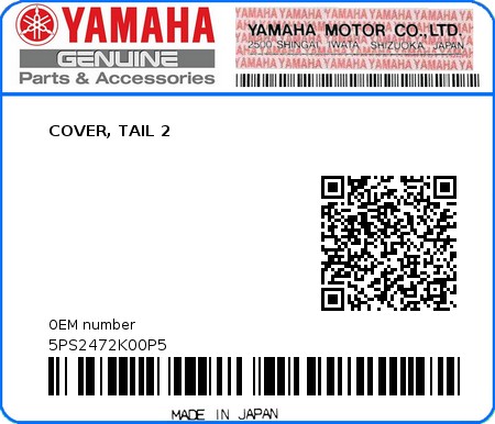 Product image: Yamaha - 5PS2472K00P5 - COVER, TAIL 2  0