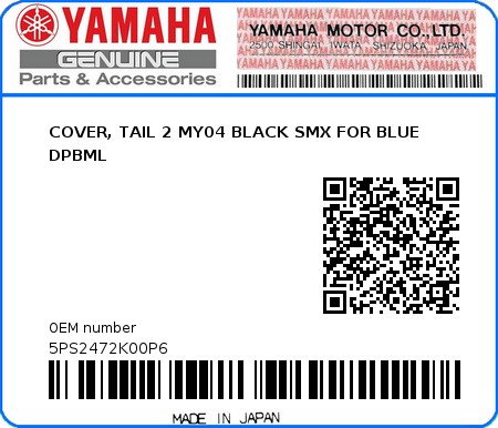 Product image: Yamaha - 5PS2472K00P6 - COVER, TAIL 2 MY04 BLACK SMX FOR BLUE DPBML  0