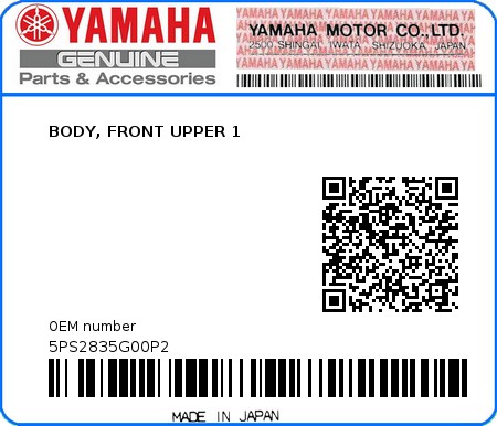 Product image: Yamaha - 5PS2835G00P2 - BODY, FRONT UPPER 1  0