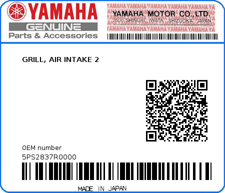 Product image: Yamaha - 5PS2837R0000 - GRILL, AIR INTAKE 2  0