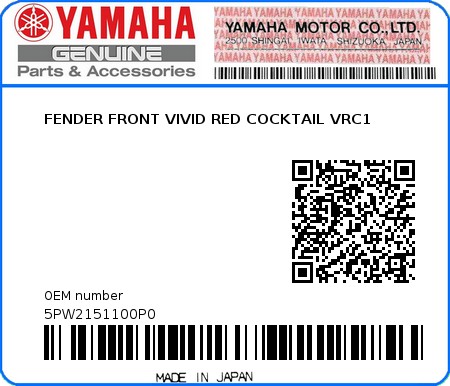 Product image: Yamaha - 5PW2151100P0 - FENDER FRONT VIVID RED COCKTAIL VRC1  0
