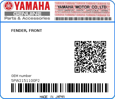 Product image: Yamaha - 5PW2151100P2 - FENDER, FRONT  0