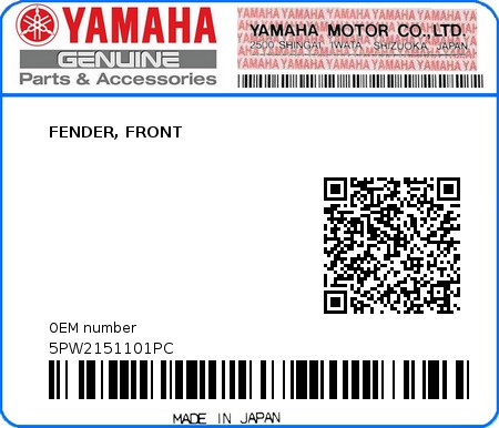 Product image: Yamaha - 5PW2151101PC - FENDER, FRONT  0