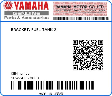 Product image: Yamaha - 5PW241920000 - BRACKET, FUEL TANK 2  0