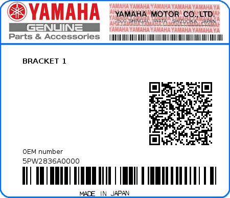Product image: Yamaha - 5PW2836A0000 - BRACKET 1  0