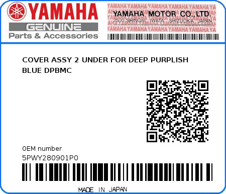 Product image: Yamaha - 5PWY280901P0 - COVER ASSY 2 UNDER FOR DEEP PURPLISH BLUE DPBMC  0