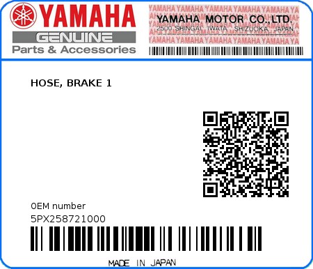 Product image: Yamaha - 5PX258721000 - HOSE, BRAKE 1  0