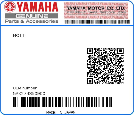 Product image: Yamaha - 5PX274350900 - BOLT  0