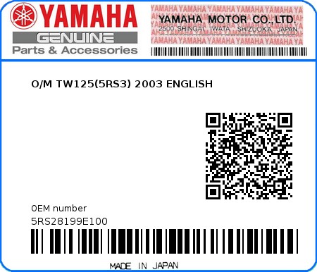 Product image: Yamaha - 5RS28199E100 - O/M TW125(5RS3) 2003 ENGLISH  0