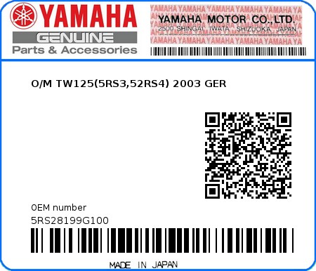 Product image: Yamaha - 5RS28199G100 - O/M TW125(5RS3,52RS4) 2003 GER  0