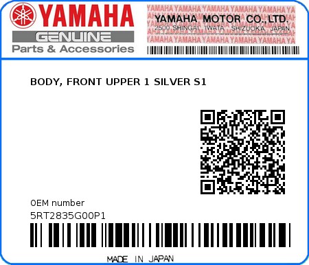 Product image: Yamaha - 5RT2835G00P1 - BODY, FRONT UPPER 1 SILVER S1  0