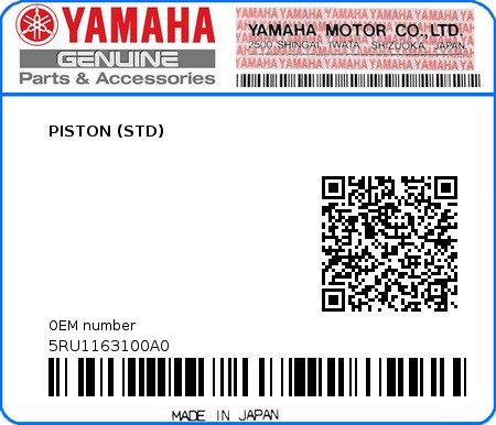 Product image: Yamaha - 5RU1163100A0 - PISTON (STD)  0