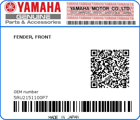 Product image: Yamaha - 5RU2151100P7 - FENDER, FRONT  0