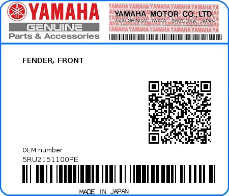 Product image: Yamaha - 5RU2151100PE - FENDER, FRONT  0
