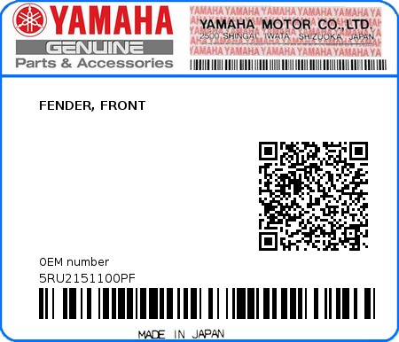 Product image: Yamaha - 5RU2151100PF - FENDER, FRONT  0