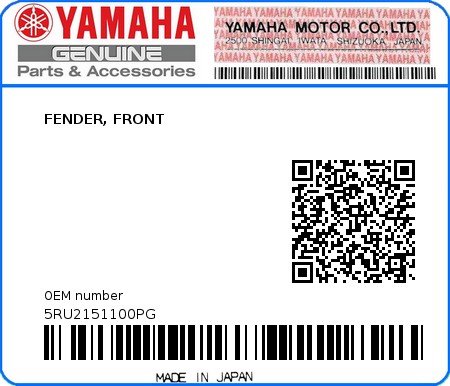 Product image: Yamaha - 5RU2151100PG - FENDER, FRONT  0