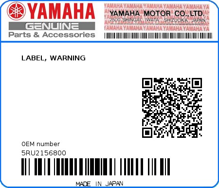 Product image: Yamaha - 5RU2156800 - LABEL, WARNING  0