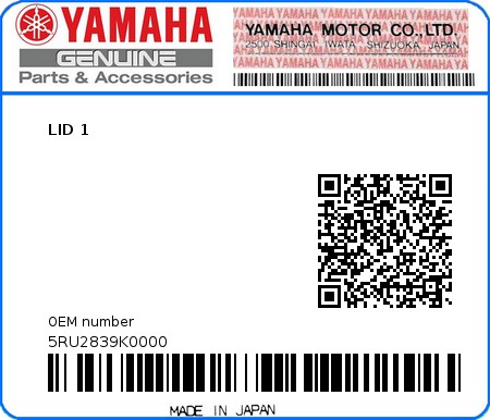 Product image: Yamaha - 5RU2839K0000 - LID 1  0