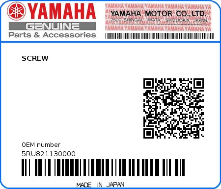 Product image: Yamaha - 5RU821130000 - SCREW  0