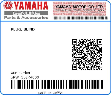 Product image: Yamaha - 5RWH352K4000 - PLUG, BLIND  0