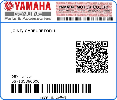 Product image: Yamaha - 5S7135860000 - JOINT, CARBURETOR 1  0