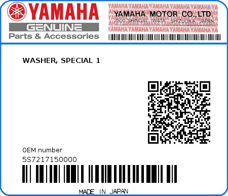 Product image: Yamaha - 5S7217150000 - WASHER, SPECIAL 1  0