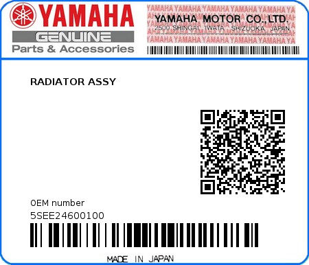 Product image: Yamaha - 5SEE24600100 - RADIATOR ASSY  0