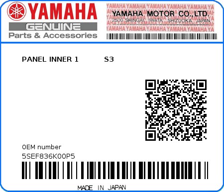 Product image: Yamaha - 5SEF836K00P5 - PANEL INNER 1          S3  0