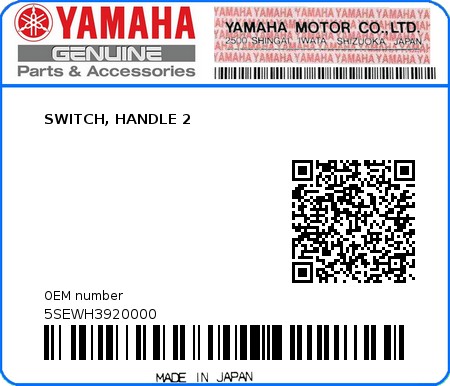 Product image: Yamaha - 5SEWH3920000 - SWITCH, HANDLE 2  0