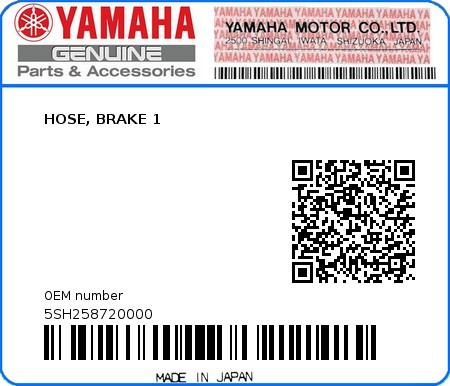 Product image: Yamaha - 5SH258720000 - HOSE, BRAKE 1  0