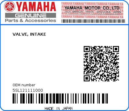Product image: Yamaha - 5SL121111000 - VALVE, INTAKE  0