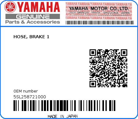 Product image: Yamaha - 5SL258721000 - HOSE, BRAKE 1  0