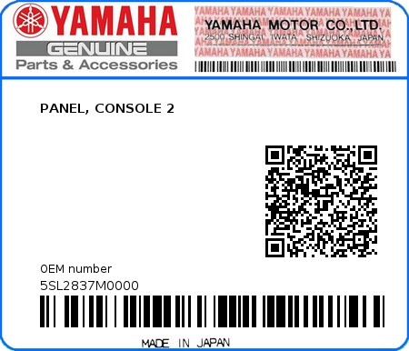 Product image: Yamaha - 5SL2837M0000 - PANEL, CONSOLE 2  0