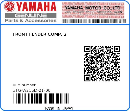 Product image: Yamaha - 5TG-W215D-21-00 - FRONT FENDER COMP. 2  0