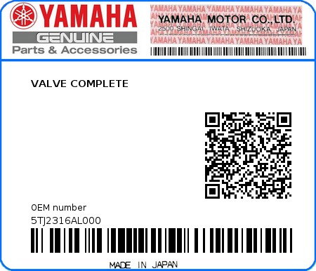 Product image: Yamaha - 5TJ2316AL000 - VALVE COMPLETE  0
