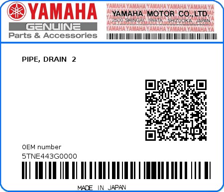 Product image: Yamaha - 5TNE443G0000 - PIPE, DRAIN  2  0