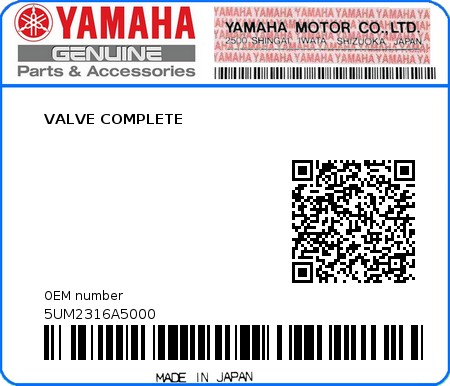 Product image: Yamaha - 5UM2316A5000 - VALVE COMPLETE  0