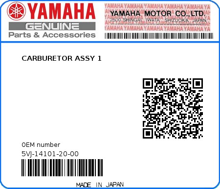 Product image: Yamaha - 5VJ-14101-20-00 - CARBURETOR ASSY 1  0