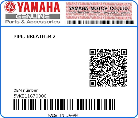 Product image: Yamaha - 5VKE11670000 - PIPE, BREATHER 2  0
