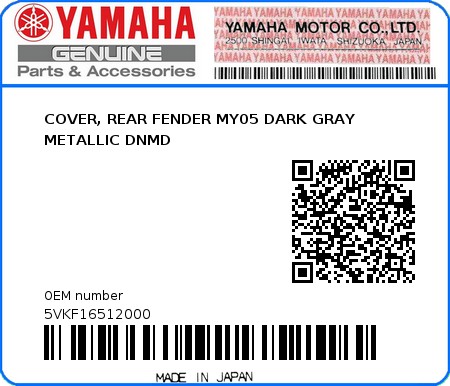 Product image: Yamaha - 5VKF16512000 - COVER, REAR FENDER MY05 DARK GRAY METALLIC DNMD  0