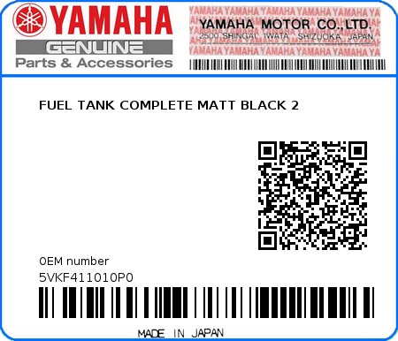 Product image: Yamaha - 5VKF411010P0 - FUEL TANK COMPLETE MATT BLACK 2  0
