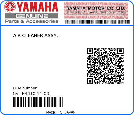 Product image: Yamaha - 5VL-E4410-11-00 - AIR CLEANER ASSY.  0
