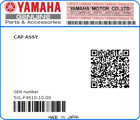 Product image: Yamaha - 5VL-F4610-10-00 - CAP ASSY  0