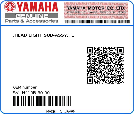 Product image: Yamaha - 5VL-H410B-50-00 - .HEAD LIGHT SUB-ASSY., 1  0