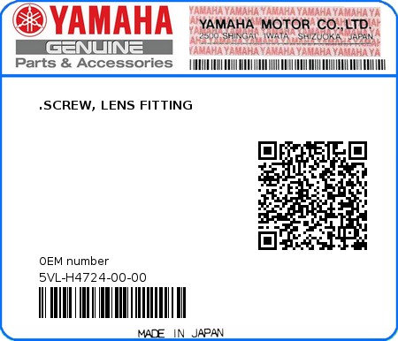Product image: Yamaha - 5VL-H4724-00-00 - .SCREW, LENS FITTING  0